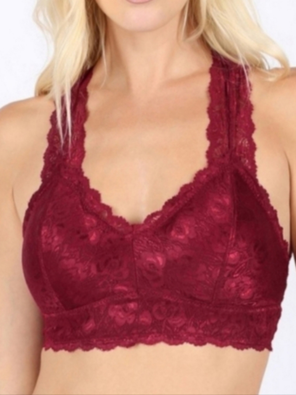 Zenana Outfitters Scalloped Lace Racerback Padded Bralette - Cabernet